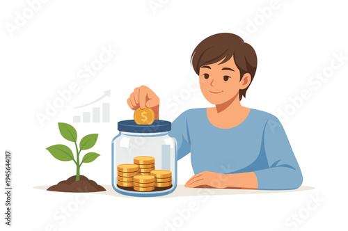 Person putting coin into jar next to growing plant and financial chart. A person deposits a coin into a glass jar filled with money, symbolizing financial growth and investment