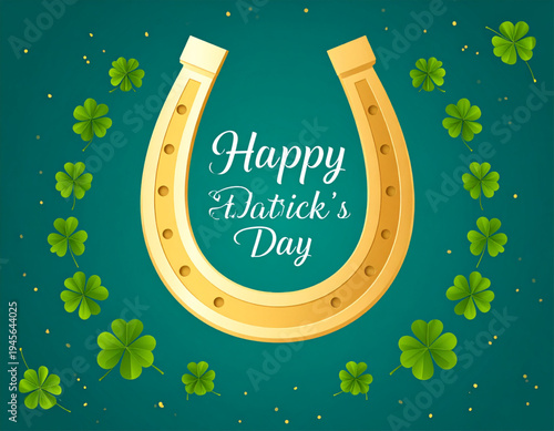 Lucky Horseshoe with Clover Leaves Vector Illustration, Saint Patrick’s Day Lucky Symbol, Irish Good Luck Charm