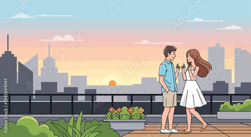 Couple on Rooftop at Sunset with Cityscape Silhouette