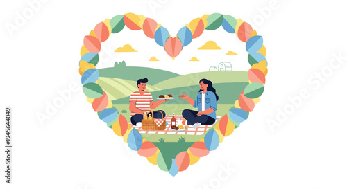 Couple Picnic Heart Frame Love Countryside Landscape Nature Summer Day