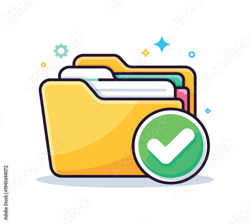 Yellow folder with checkmark icon, symbolizing successful document organization. A bright yellow folder icon with multiple colorful tabs and a prominent green checkmark, signifying
