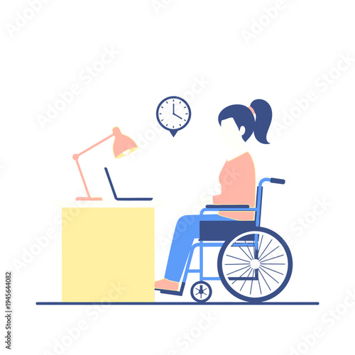 Inclusive office work: Person with physical disability in wheelchair using laptop at desk with lamp, concept of accessibility and employment.