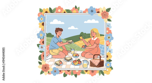 Couple Picnic in Field with Floral Frame, Summer Outdoor Leisure