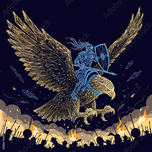 Valkyrie Riding Eagle Through Battle Scene.