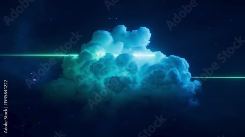 Seamless loop of a fluffy cloud in deep space with pink and red neon shooting stars and a cyan laser beam passing through it. Starry night sky background. Cinematic motion graphic.