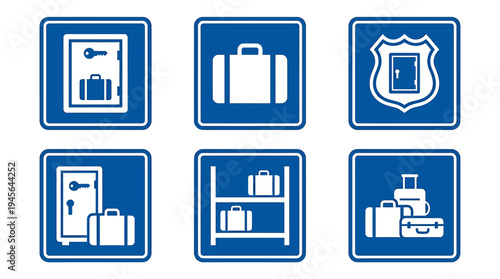 Collection of Blue Luggage and Travel Accessories Icons. Vector Icons Set