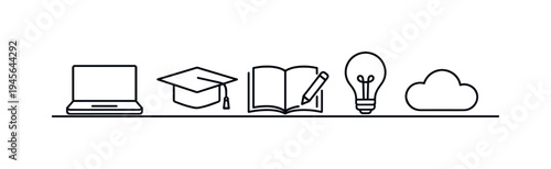 Online education and continuous learning in modern digital environments where people develop professional skills and knowledge through accessible remote study tools, laptop, graduation cap