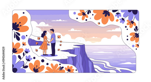 Couple Holding Hands on Cliff Overlooking Ocean, Surrounded by Floral Frame