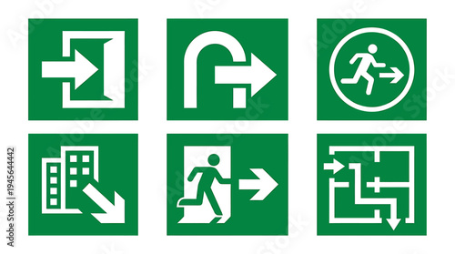 Collection of Emergency Exit and Safety Signage Icons. Vector Icons Set