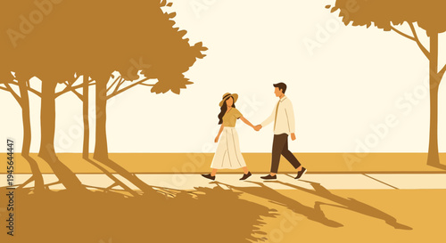 Couple Holding Hands Walking in Park with Tree Shadows, Romantic Outdoor Scene