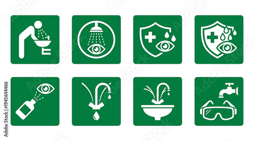 Collection of Green Safety Signs for Hygiene and Safety Measures. Vector Icons Set