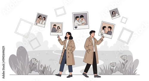 Couple Holding Photos, Memories, Love, Relationships, Nostalgia, Vector Illustration