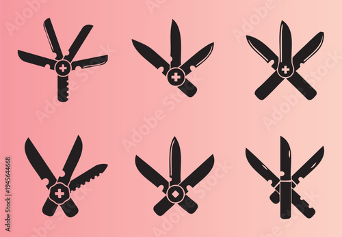 Six variations of swiss army knife icons isolated illustration