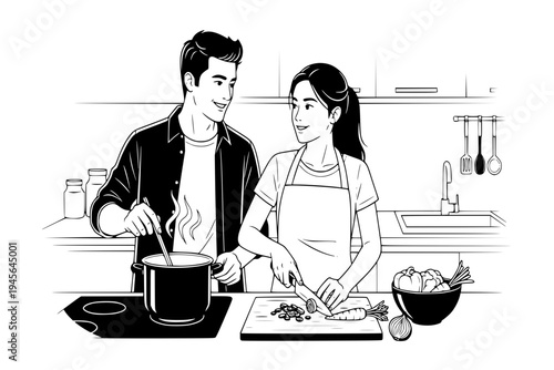 Couple Cooking Together Kitchen Teamwork Partnership Marriage Lifestyle Home Cooking Black Vector Silhouette