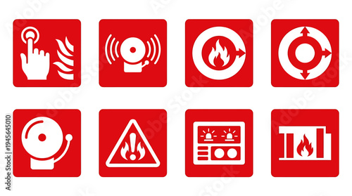 Fire Safety Warning Icons Set for Emergency and Prevention. Vector Icons Set