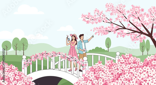 Couple on bridge admiring cherry blossoms, spring romance, romantic date, park scenery