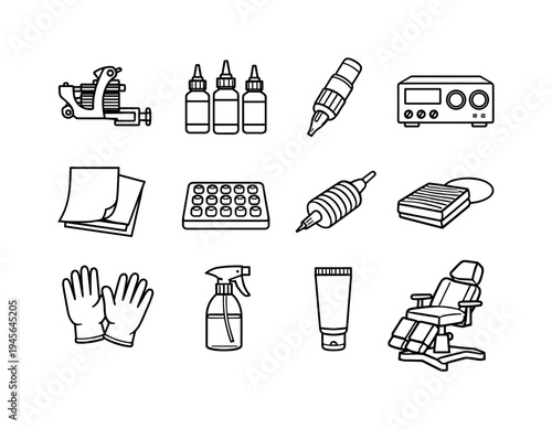 Tattoo artist equipment icons set for professional studio and body art creation. A collection of line art icons representing essential tools for tattoo artists, including machines
