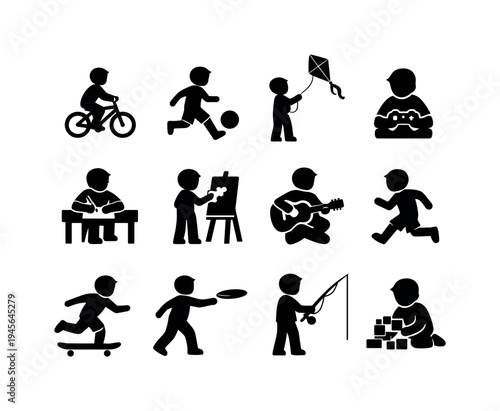 Children's diverse activities and hobbies depicted as simple black icons on white. A collection of stylized black icons illustrating children engaged in various recreational