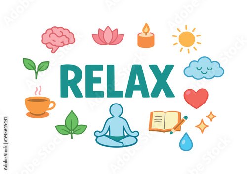 Mental wellbeing concept focused on understanding stress triggers and encouraging calming practices such as mindfulness, relaxation and emotional support. RELAX central title with flat