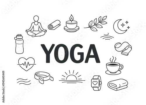 Yoga lifestyle icons and word art in a clean, minimalist design. A collection of simple line art icons representing yoga, wellness, and healthy living, centered around the word