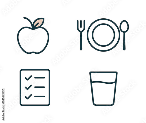 Healthy lifestyle icons: apple, meal, checklist, and water glass. A collection of simple line icons representing healthy living choices including nutrition, meal planning, and