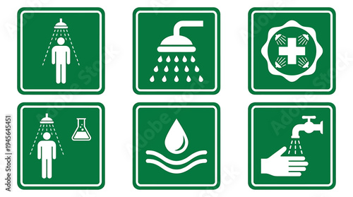 Set of Six Green Safety and Hygiene Icons for Public Health and Sanitation Measures. Vector Icons Set
