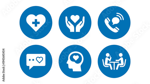 Set of Six Healthcare and Medical Icons in Blue Color. Vector Icons Set