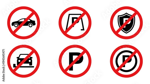 Set of Six No Parking Traffic Signs with Red Circles and Slashes. Vector Icons Set
