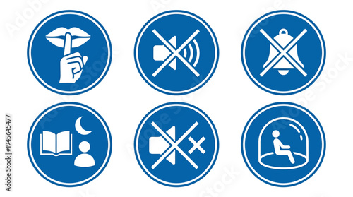 Set of Six Safety and Warning Icons in Blue Circular Design. Vector Icons Set