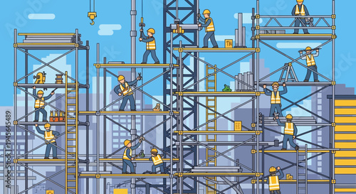 Cartoon Construction Workers on Scaffolding Building a City