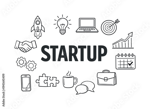 Startup concept with icons representing business growth and development. A collection of hand-drawn icons symbolizing key elements of a startup business, including a rocket