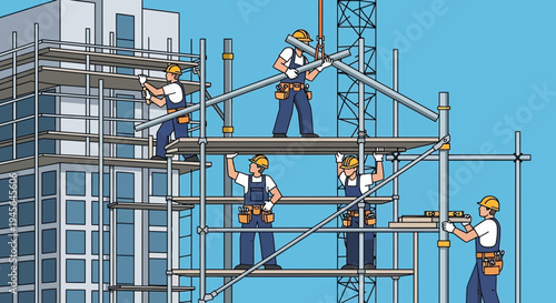 Construction Crew Building Scaffolding on High-Rise Structure, Urban Development Scene