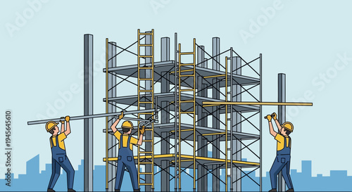 Construction Crew Building Scaffolding System for High-Rise Project