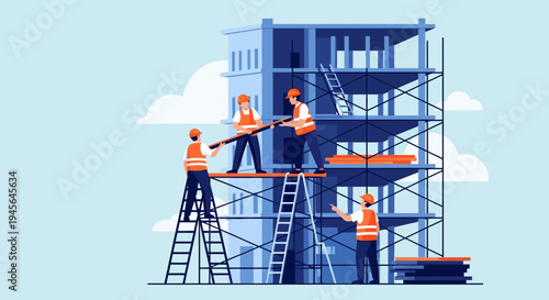 Construction Crew Building Structure with Scaffolding