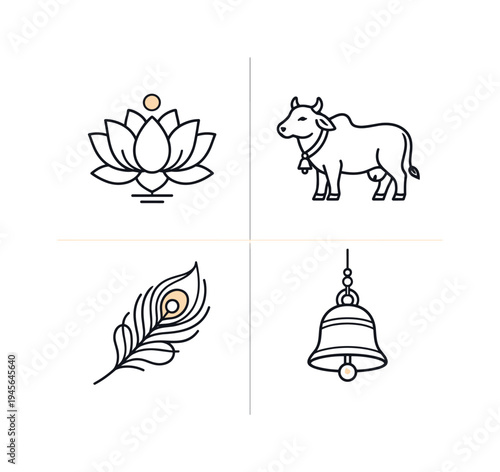 Indian cultural symbols: lotus, cow, peacock feather, and bell icons. A collection of four minimalist line art icons representing significant Indian cultural elements, including a