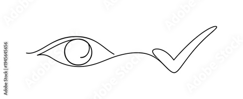 Minimalist eye and check mark in continuous line art style. A single continuous line drawing depicts an abstract eye symbol next to a checkmark, representing vision and approval