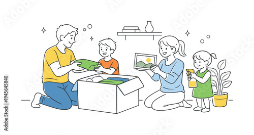 Family packing clothes and picture frame for moving or donation. A mother, father, and two children are packing items into a box, preparing for a move or donation