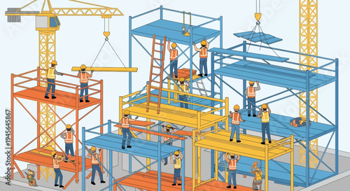 Construction Site in Progress: Isometric View of Workers on Scaffolding