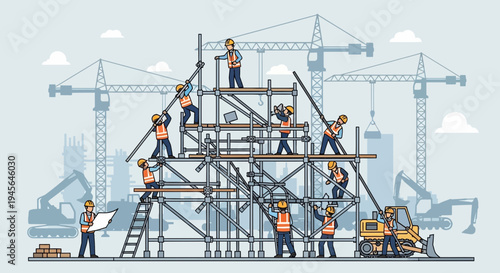Construction Site Progress with Workers Building Scaffolding Infrastructure