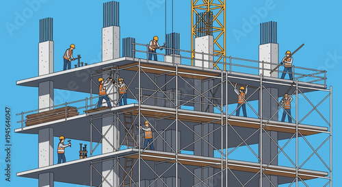 Construction Site Progress with Workers and Scaffolding - Pixel Art Illustration