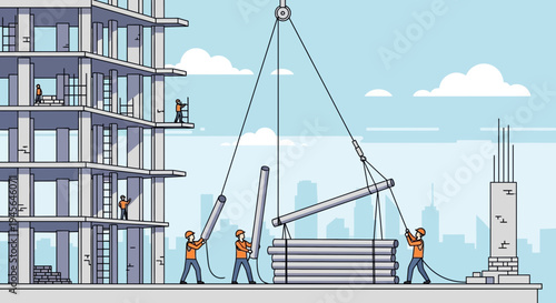 Construction site progress: Workers building a modern multistory structure with heavy machinery