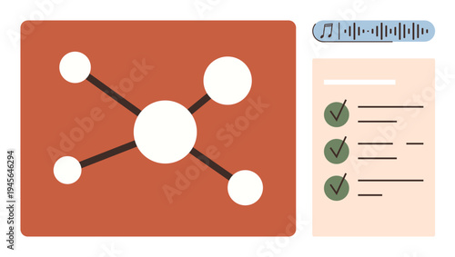 Information sharing, project planning, communication systems, task organization, technology, data management. Central network diagram with checklist and audio bar. Networking and organization