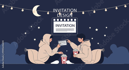 Couple Watching Movie Outdoors Under Starry Night Sky with Invitation Design