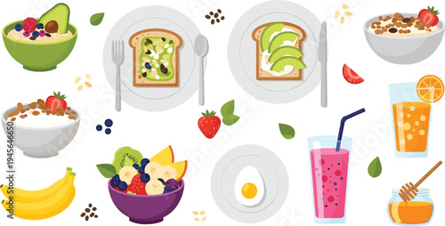 Healthy breakfast food set top view with toast avocado oatmeal smoothie fruits honey and fresh juice colorful flat vector illustration