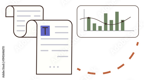 Business planning, data analysis, financial reports, market research, analytics, decision-making. Documents with text and charts alongside a bar graph with a trend line. Business planning and data