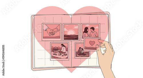 Couple's Memories Collage: Hand Arranging Heart-Shaped Photo Album