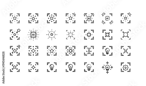 Artificial intelligence generate sparkles icon set with square frame symbols for creative apps thin line vector