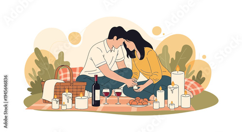 Couple Romantic Picnic Proposal with Candles and Wine