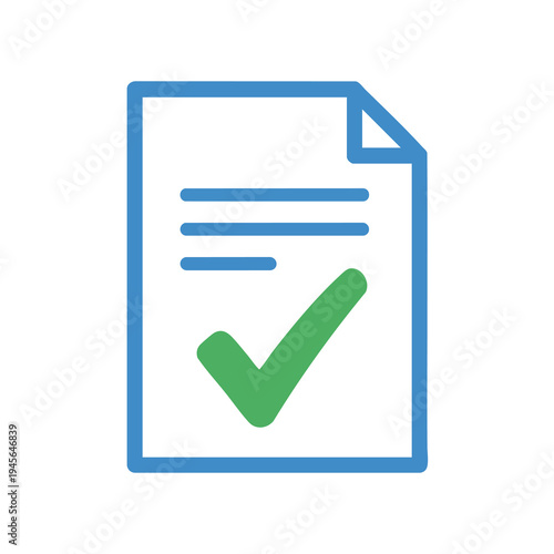 Document with blue border and lines, showing a green checkmark on white