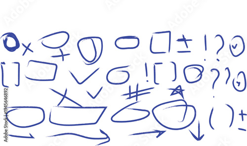 Hand drawn mathematical symbols and notations in blue ink